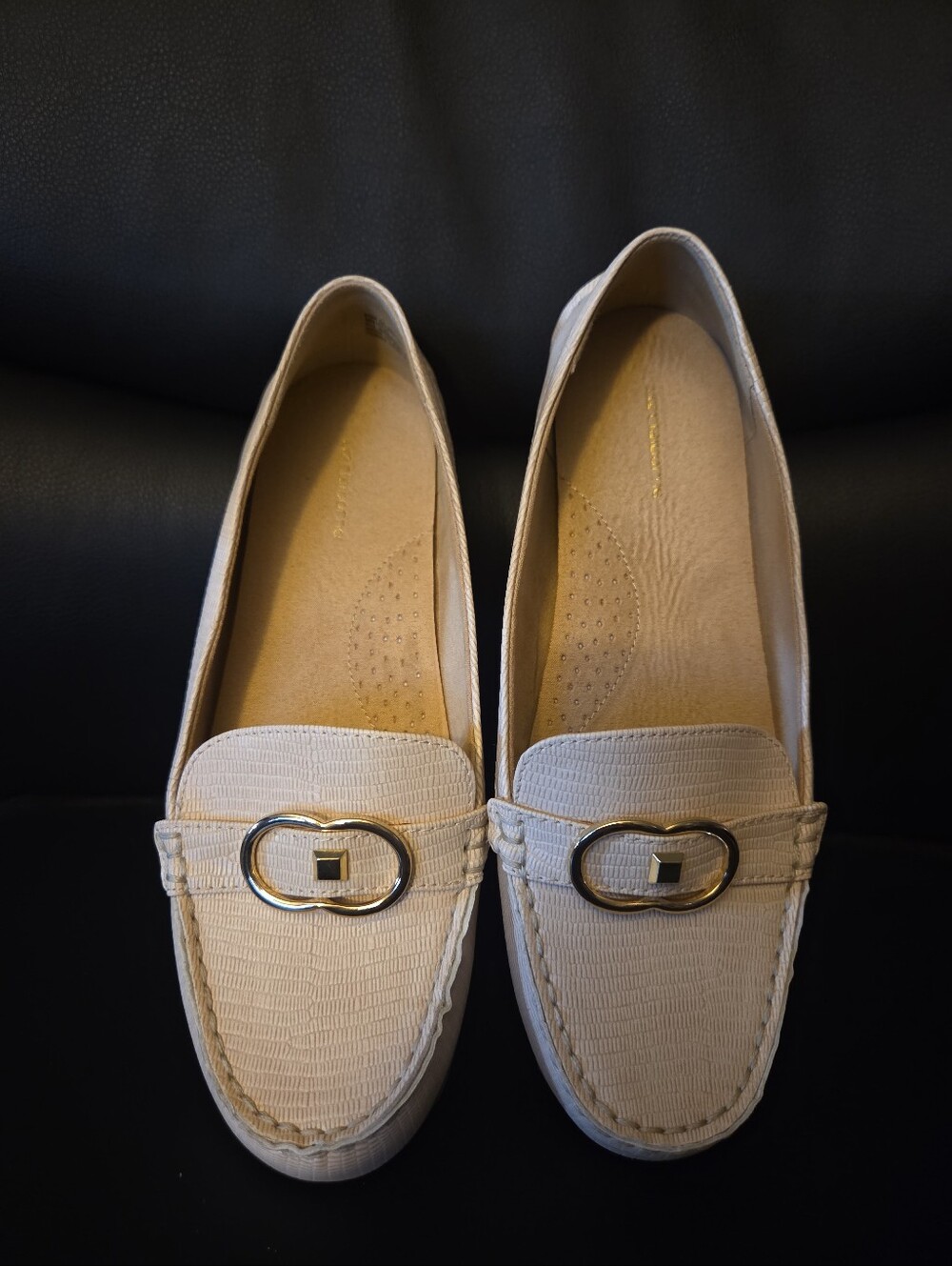 Liz Claiborne Women's Cream Slip-On Loafers with Gold Accent